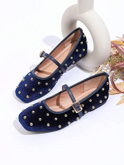 新款铆钉方头平底软底舒适玛丽珍鞋，蓝色，单带，复古，显瘦，优雅，学院风，适合派对、通勤、朋克、婚礼、中式、洛丽塔、西式婚礼、商务、中式婚礼、魅力、户外、简约、美式复古、春夏、透气、大码、假日、婚礼、派对、办公室、户外