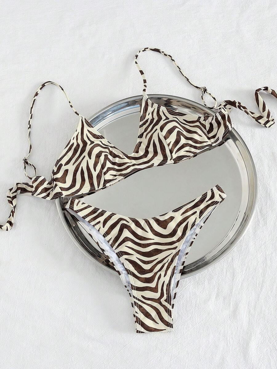 Bộ bikini 2 mảnh mùa hè mới dành cho nữ, họa tiết động vật, dây mảnh, cổ chữ V, cạp cao, khoét sâu, thích hợp cho kỳ nghỉ. - Cà phê nâu - Xem 1