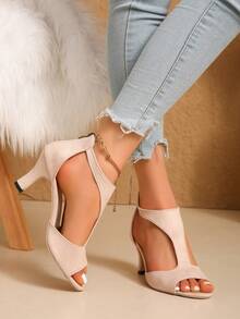 Giày sandal hở mũi gót vuông cho nữ, giày cao gót quai chữ T có khóa kéo thời trang, giày cao gót cổ điển đa năng. - Màu be - Xem 5