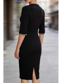 Shiny Elegant Zipper Cutout Slit Fitted Half Sleeve Dress Black Summer - Black - View 2