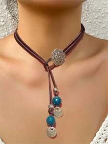 1pc Elegant Vintage Rope Layered Disc Pendant Necklace, Casual Daily/Holiday Party/Travel Jewelry Gift - 黑色 - 查看 7