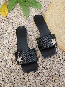 2026新款水钻装饰沙滩拖鞋，时尚百搭夏季必备凉鞋 - 黑色 - 查看 2