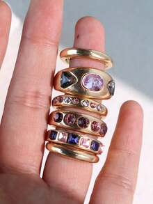 6件套女士镀金可调节戒指，镶嵌粉色和黑色宝石，夸张时尚风格，适合派对和日常佩戴 - 彩色 - 查看 7