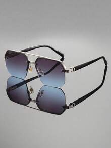 1 Pair Women's Polygon Metal Double Bridge UV Protection Sunglasses, Suitable For Street Style, Travel, Sports, Driving, Holiday Outfits, Beach, Vacation, Family Outings, Parties - Grey - View 2