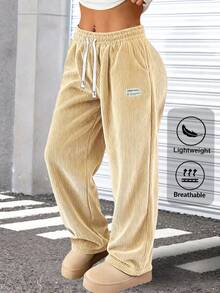 Quần dài nữ kiểu dáng thanh lịch, chất liệu nhung kẻ, màu trơn, có túi dây rút, thoáng khí và thoải mái, phù hợp cho các hoạt động hàng ngày, dã ngoại và du lịch mùa xuân. - Màu Khaki - Xem 1