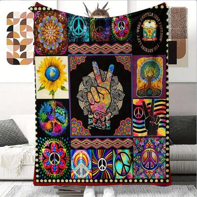 Peace Sign Hippie Gift Throw Blanket, Suitable For Dad, Women, Girls, Birthday, Home Bedroom Living Room Decor, Soft & Comfortable Lightweight Wool, Modern Pattern Chunky Knit, All Season, Polyester