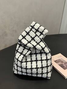 Plaid Wristlet Bag, Niche Design Handheld Bag, Retro Tweed Tote Bag, Versatile Mini Bag For Commuting & Daily Use - Black and White - View 5