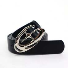 1pc Y2K Futuristic Hollow Oval Buckle Belt, Retro Punk Silver Metal Buckle Waist Belt - Coffee Brown - View 2