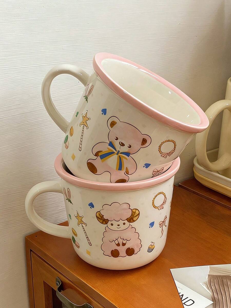 1个可爱卡通动物少女粉色马克杯，创意粉色羊边陶瓷水杯、咖啡杯，适合家居装饰、咖啡馆、拿铁和牛奶杯，礼物，母亲节礼物 - 彩色 - 查看 1