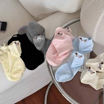 6 Pairs Women's Cute Dog Embroidery Polka Dot Contrast Color Casual Low-Cut Socks For Daily Wear