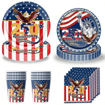 50pcs 250th Anniversary Of US Independence Day Party Decorations & Disposable Tableware, Suitable For Group Dining