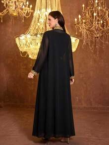 SUPGIR [随机印花] 女士长袖亮片拼接腰带晚礼服 - 黑色 - 查看 3