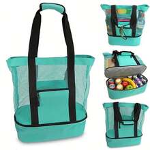 Summer Beach Mesh Tote Bag With Cooler Compartment – Large Picnic Pool Travel Bag - A - View 3