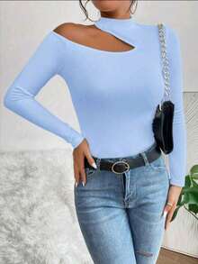 Women's T-Shirt Blouse Suplex Fabric Long Sleeve High Neck Asymmetrical Cut Ideal For Meetings And Casual Use - 淺藍色 - 查看 8