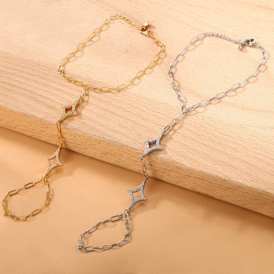 Dây đeo tay hình thoi tối giản khảm đá Zirconia bằng đồng, vòng tay thời trang đa năng thanh lịch, thiết kế độc đáo. - Vòng tay kim cương đôi - Xem 1