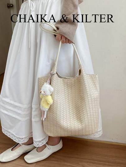 CHAIKA & KILTER Bộ 2 túi đeo vai bằng vải PU màu trơn, túi xách nữ cỡ lớn phong cách thường ngày với họa tiết hoa, thiết kế hai quai xách, khóa nam châm, phù hợp cho việc mua sắm và đi làm hàng ngày (Đã bán kèm mặt dây chuyền)