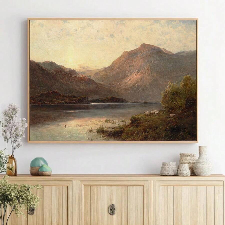 1 Stück gerahmtes/ungerahmtes stimmungsvolles vintage Bergfluss Schaf Leinwand Poster, retro Landschaftsmalerei, rustikale Wandkunst für Eingang, Flur, Cottagecore Dekoration, horizontal für Wohnung, Wohnzimmer, Schlafzimmer, moderne Heimdekoration - A - Übersicht 1