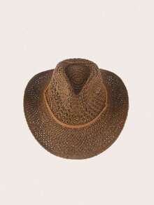 1pc Handmade Fashionable Panama Cowboy Straw Hat, Bohemian Style Beach Sun Hat, Windproof Casual Hat, Suitable For Vacation Travel, Brim Rope Color Random - 卡其色 - 查看 8