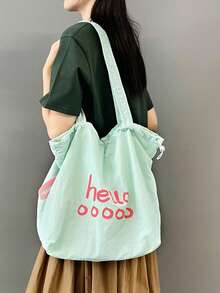 Bolsa de lona con cordón roja, popular en primavera/verano, bolso de mano grande de gran capacidad para ir al trabajo y a la escuela para mujeres, bolso casual con estampado de letras enérgico - Verde - Ver 1