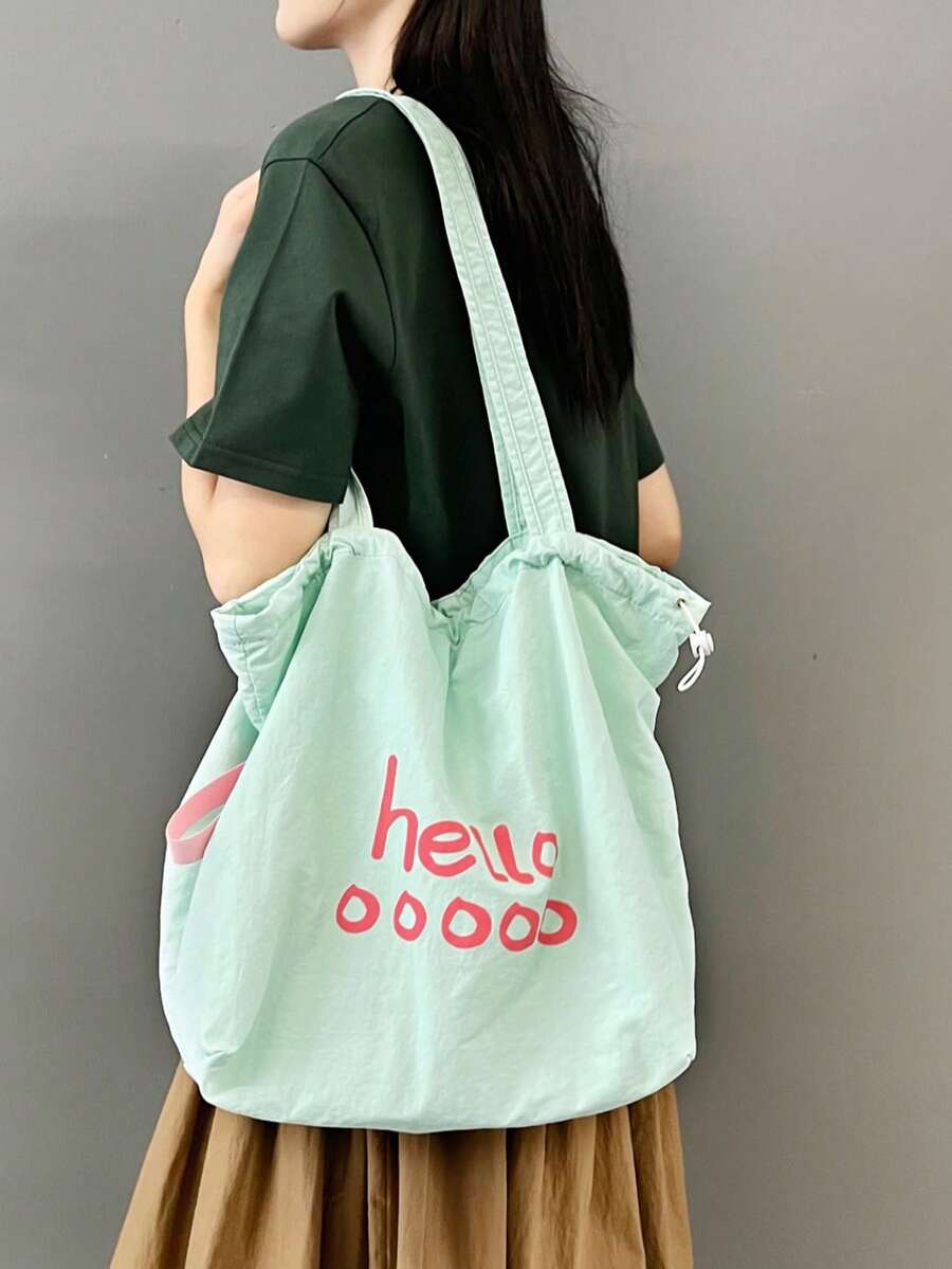 Bolsa de lona con cordón roja, popular en primavera/verano, bolso de mano grande de gran capacidad para ir al trabajo y a la escuela para mujeres, bolso casual con estampado de letras enérgico - Verde - Ver 1