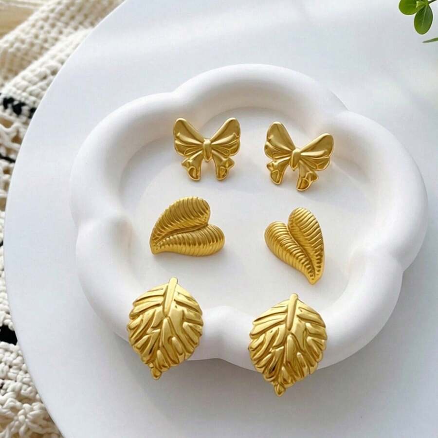 Bộ 3 đôi bông tai, bông tai nơ xinh xắn, bông tai hình trái tim xoắn ốc tinh tế, trang sức lá cây thời trang, thép không gỉ mạ vàng, thích hợp cho đeo hàng ngày, dự tiệc, phối với váy gợi cảm, làm quà tặng cho bạn gái, chị gái, quà Ngày của Mẹ, quà Ngày Valentine, quà tặng ngày lễ. - Vàng - Xem 1