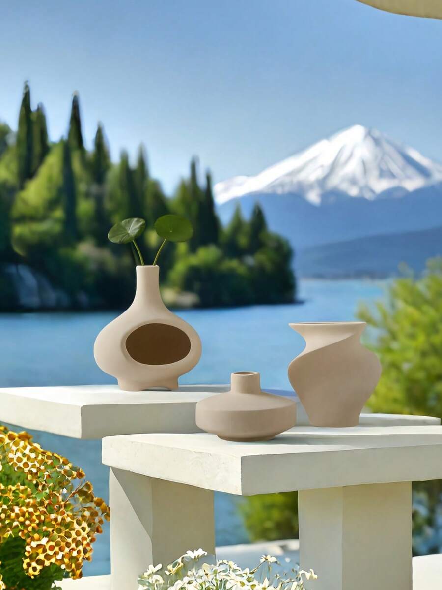 3pcs Beige Small Ceramic Vases, Unique & Stylish Design, Flower Vases For Living Room, Entrance, Library Decor, Ideal Ornaments & Festival Gifts