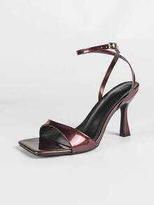 Sandales à talons hauts à bout carré bordeaux pour femmes, talons hauts polyvalents, élégants et décontractés pour soirée - Rouge foncé - Voir 2