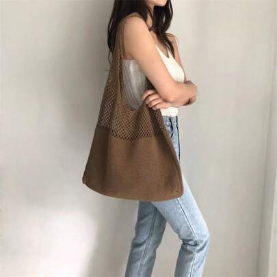 1pc Minimalist Vintage Hollow-Out Knitted Shoulder Bag, Women Woven Yarn Bag