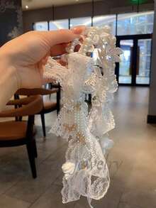1pc French Elegant Lace Faux Pearl Crystal Ribbon Headband, Fashionable For Wedding, Photo Shoot, Graceful New Design Hair Accessory Summer Outfits Summer Beach Hair Bands - White - View 2