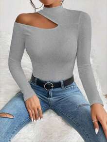 Women's T-Shirt Blouse Suplex Fabric Long Sleeve High Neck Asymmetrical Cut Ideal For Meetings And Casual Use - 灰色 - 查看 8
