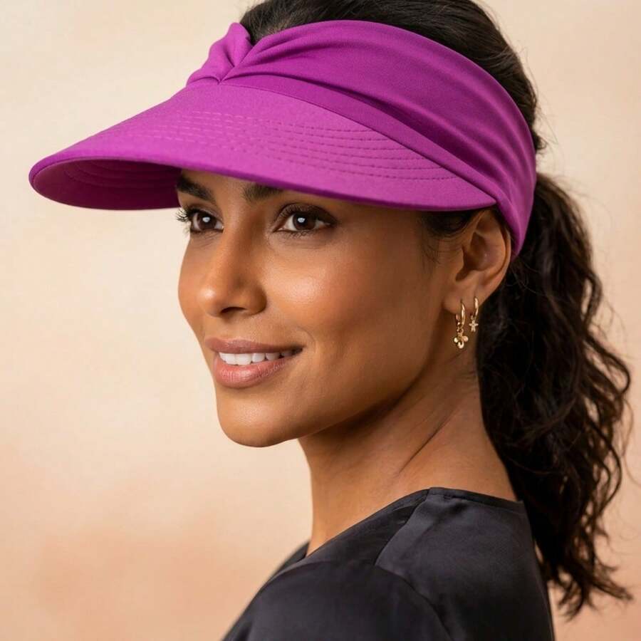 Women's Wide Brim Turban Visor With UV50+ Protection, Beach, Pool, Foldable, Adjustable, Summer - Purple - View 1