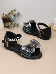 2026新款女童多功能公主鞋，珍珠搭扣设计，网眼蝴蝶水钻PU软底平底露趾凉鞋，适合日常穿着和休闲场合。 - 黑色 - 查看 6