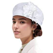 Women Beret Hat With Pearl Flower Breathable Brimless Cap  Fascinators Hats For Tea Party Stage - Màu hồng đậm - Xem 7