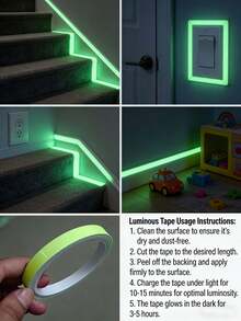 1pc 1.97*196.85inch Glow-In-The-Dark Adhesive Tape, Flame Resistant Warning Tape For Home Use, Stage Green Fluorescent Anti-Collision Tape, Green Light Adhesive Sticker - Green - View 2