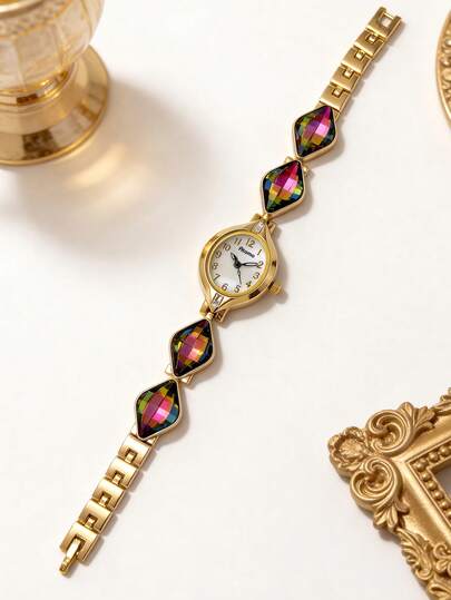 1件优雅复古时尚石英女表，椭圆形表盘，镀金表壳，优质合金材质，时尚金属表带，简约设计，适合日常佩戴、工作通勤、仪式及其他场合。