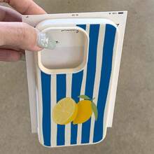 Funda protectora de TPU a prueba de golpes con patrón de rayas azules y limones amarillos para iPhone 16 PRO MAX, 1416 PLUS, 1513 Pro, 1211, muy de moda - Blanco antiguo - Ver 2