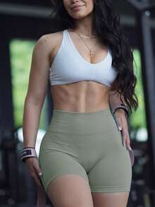 女款高腰無縫運動短褲，隱形抓皺提臀，前部無縫線，防透防露，防深蹲壓力健身瑜伽單車褲運動短褲 - 淺灰色 - 查看 7