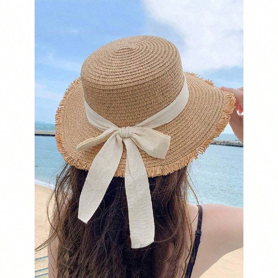 1pc Women's Fashion Straw Hat With Bow Decor, Elegant Bohemian Style Sun Hat For Beach, Travel, Everyday Wear And Party - Màu Khaki - Xem 1