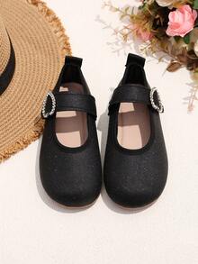 1 Pair Black Plus Size Girls' Flat Shoes, Solid Color Soft Fabric With Glitter, Side Rhinestone Decor, Classic Shallow Design, Round Toe Soft Sole Comfortable Casual Princess Shoes, Suitable For 3-12 Years Old Daily, Party, Stage, Travel, Indoor/Outdoor Wear, Spring/Summer New Arrival - Black - View 2