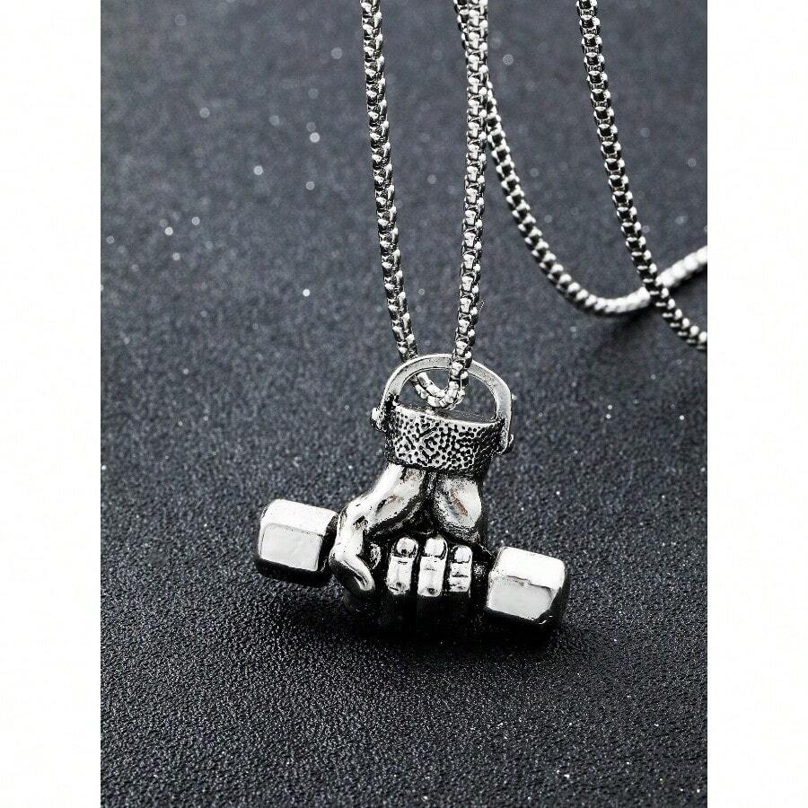 Fashionable And Popular Men Dumbbell Charm Necklace Alloy For Vacation And For A Stylish Look - 銀色 - 查看 1