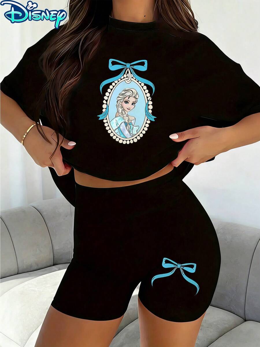 Disney Frozen Elsa Cameo Bow Printed Casual Set, Women's 2pcs Short Sleeve T-Shirt And Shorts Set, Elegant Character Printed Tee And Shorts Set, Suitable For Daily Leisure And Outdoor - màu đen - Xem 1