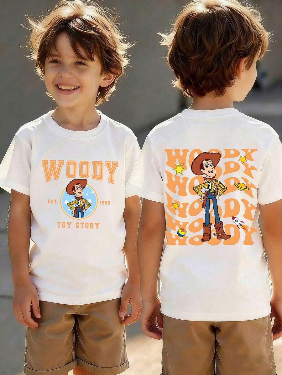 Disney 'Toy Story' Sheriff Woody Pattern Summer T-Shirt, Suitable For Boys And Girls To Wear For Holiday Parties, Dinners, Outdoor Activities, Travel, And As A Children's Gift For Visiting Disneyland. - 白色 - 查看 1