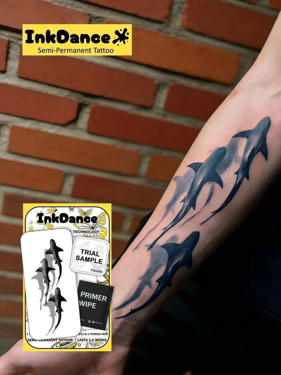 1套“暗流鲨鱼”临时纹身贴纸，半永久纹身贴纸，持久耐用，逼真纹身效果，植物基 D295 - 黑色 - 查看 1