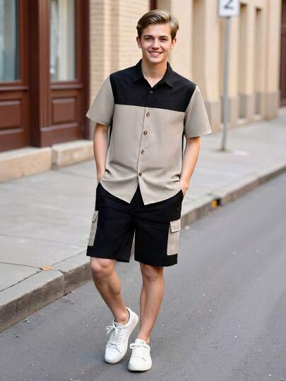 2 piezas Conjunto de pantalones cortos de manga corta para adolescentes de primavera/verano, estilo de transporte en bloque de color negro y caqui, con botones de madera + bolsillos cargo, fresco y adecuado para la escuela, el transporte, las salidas de fin de semana - Conjunto de adolescentes firme y elegante