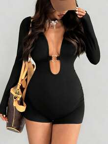 Parara Maternity Short Sleeve Jumpsuit, Tight And Comfortable Casual, All-Season Fashionable Layering, Sporty Casual Style, Suitable For Dates, Daily Wear, Home, Halloween And Other Occasions Spring Black - Black - View 5