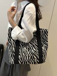 Fashionable Versatile Zebra Print Tote Bag, Casual Minimalist Textured Contrast Color Shoulder Handbag - Black and White - View 8