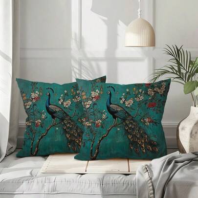 2 件装孔雀花卉图案抱枕套，可机洗，拉链封口，印花装饰设计，适合家居和办公室装饰（不含枕芯）（无刺绣）