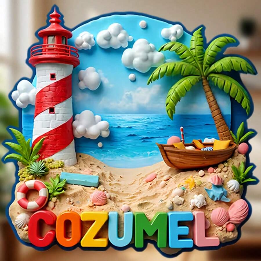 Ngọn hải đăng giữa thiên đường Caribbean: Nam châm hình ngọn hải đăng Cozumel với hình bóng bãi biển, hàng cọ ven biển và làn nước màu ngọc lam – Mang đến sự thanh bình của đảo cho tủ lạnh của bạn. - Ngọn hải đăng đảo Cozumel - Xem 1