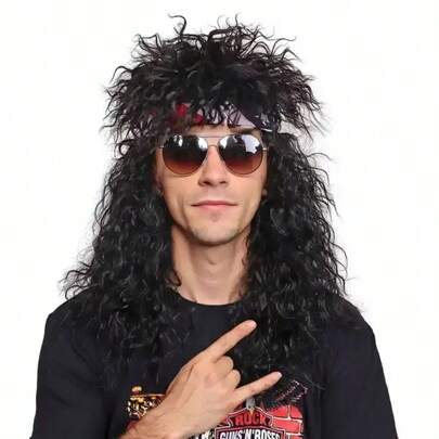 1pc 70s 80s Rock Punk Wig, Heat Resistant Long Curly Hair, Multi-Color Options, Breathable Mesh Cap, Suitable For Theme Parties, Music Festivals, Masquerade Balls, Halloween And Cosplay (Retro Rock Star Style Synthetic Hair) Costume Accessory