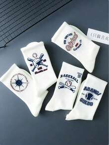 5 Pairs Unisex Baseball Letter Pattern Mid-Calf Socks, Streetwear Sports Style, Suitable For Daily Wear, Autumn - Multicolor - View 3